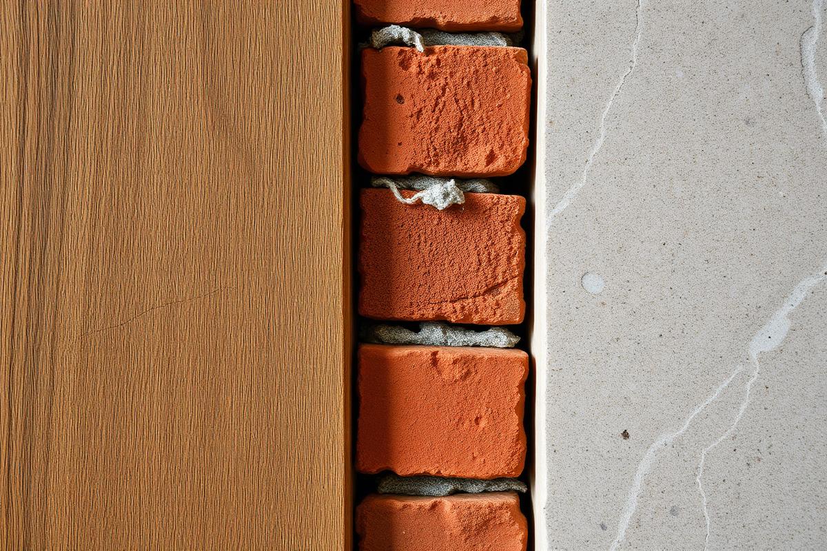 Detail study of oak, hand-fired brick and natural stone